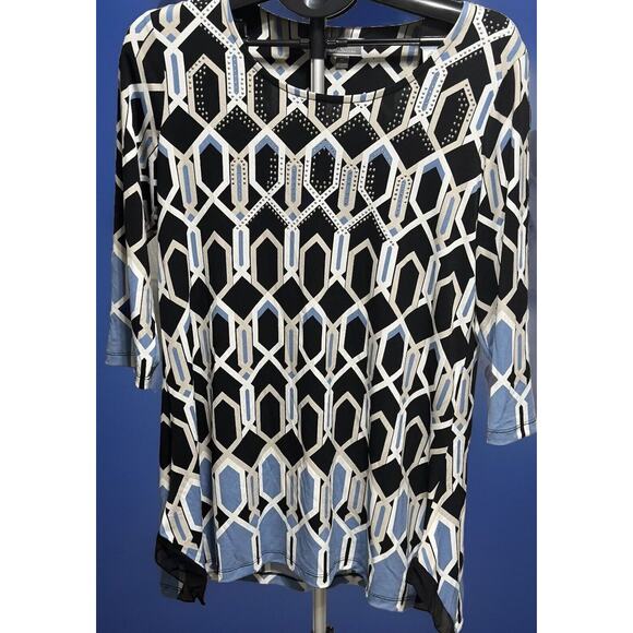JM Collection Blouse Top 3/4 Sleeves Blue Black Geometric Print Size Medium - Picture 1 of 7